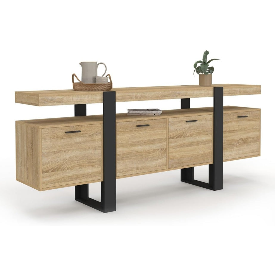 Buffet enfilade XXL 200 cm avec quatre portes, niche ouverte et finition bois noir