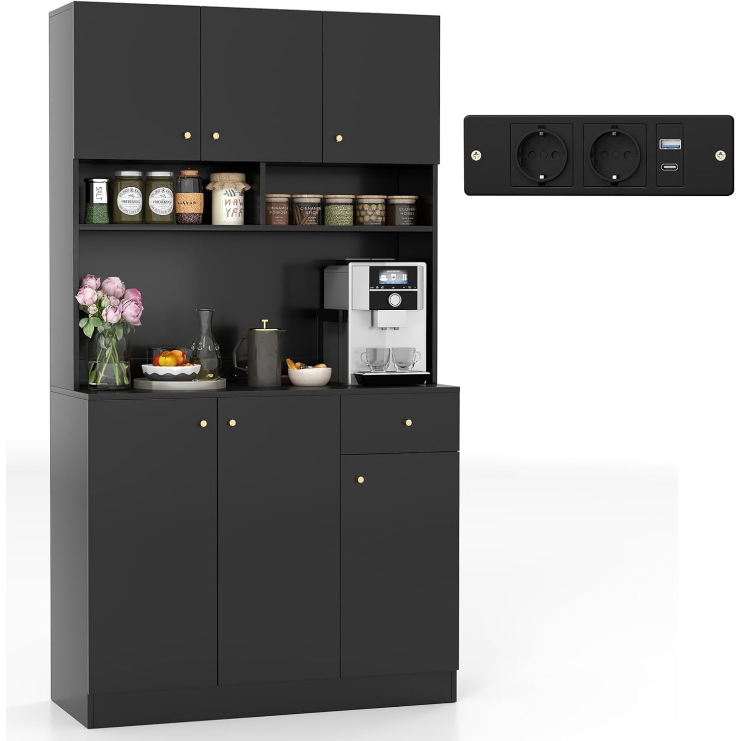 Armoire de cuisine avec prises integrees, grand tiroir, quatre placards et station de recharge
