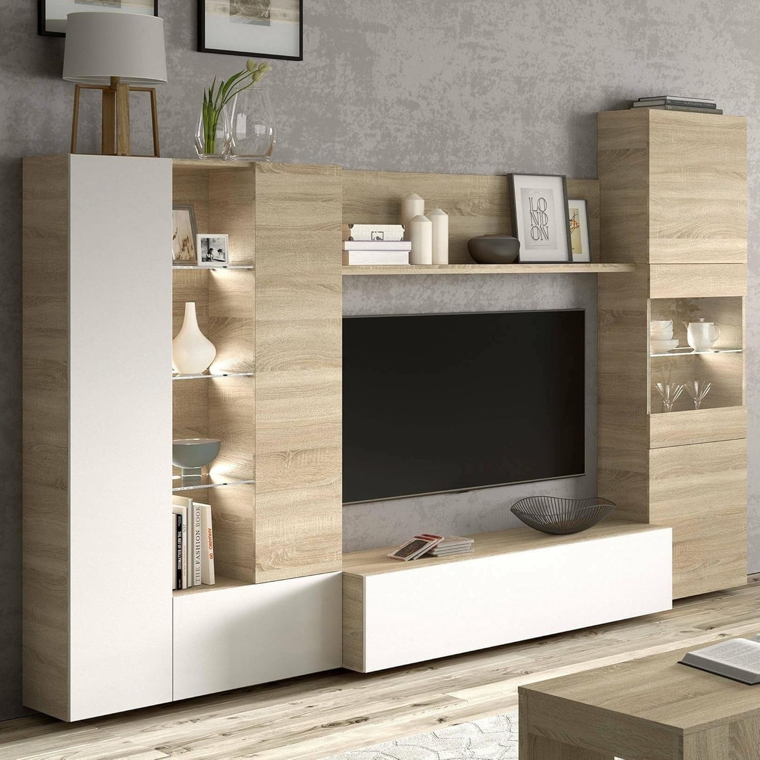 Meuble TV mural 260 cm avec rangements ouverts et fermes, finition chene canadien et blanc brillant, dimensions 185 x 260 x 42 cm