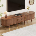 Support TV contemporain avec portes coulissantes, tiroirs pratiques et finition noyer naturel