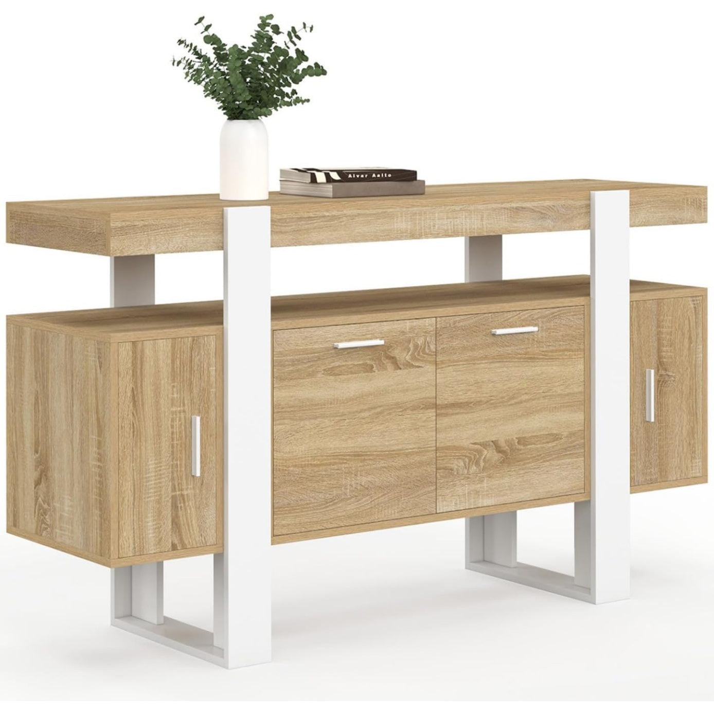 Buffet de rangement 140 cm avec quatre portes, finition bois et blanc
