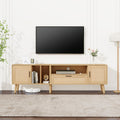 Meuble TV en bois avec fa?ades en rotin, tiroir, portes laterales et niche ouverte pour equipements multimedias