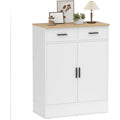 Armoire basse de salon avec deux portes, deux tiroirs et tablette ajustable, finition chene clair