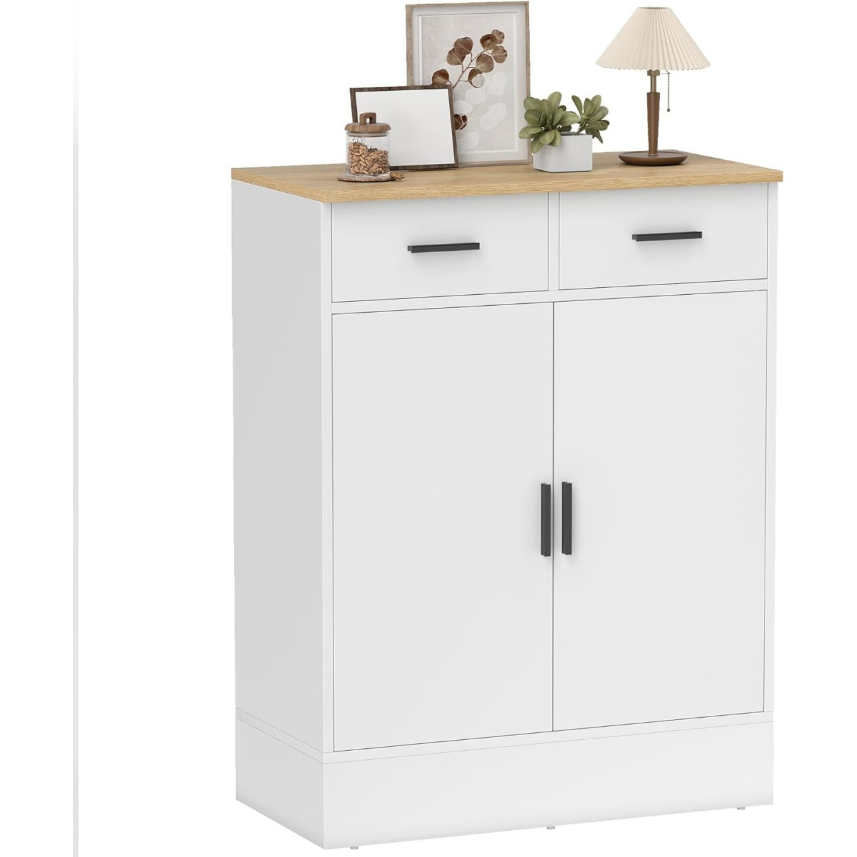 Armoire basse de salon avec deux portes, deux tiroirs et tablette ajustable, finition chene clair