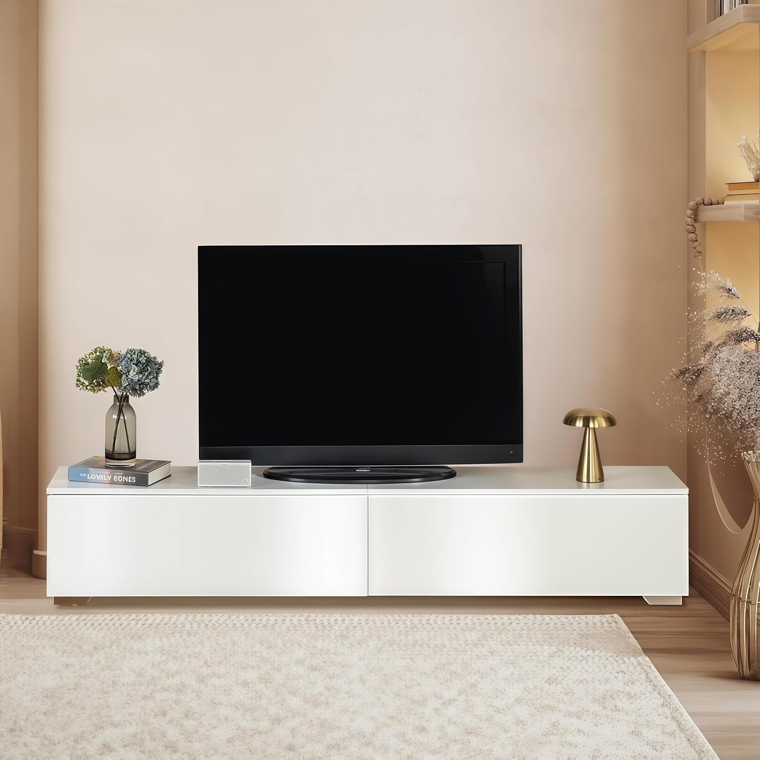 Meuble TV suspendu blanc 180 cm avec deux compartiments fermes et eclairage LED