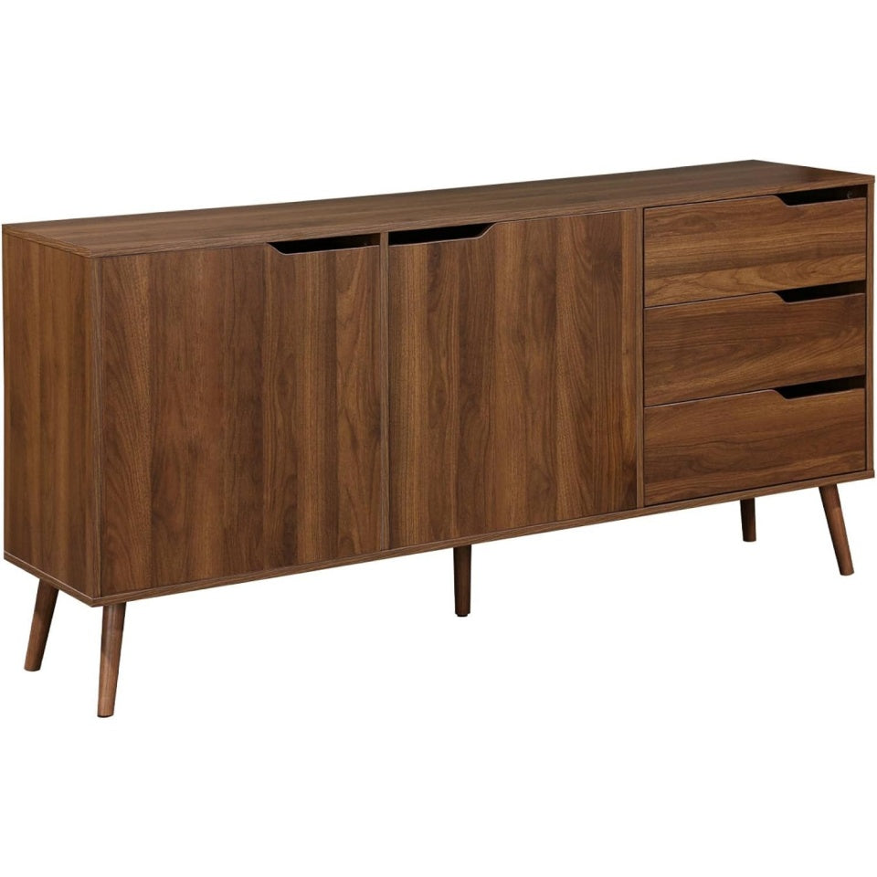 Vaisselier scandinave decor noyer avec deux portes et trois tiroirs, largeur 160 cm