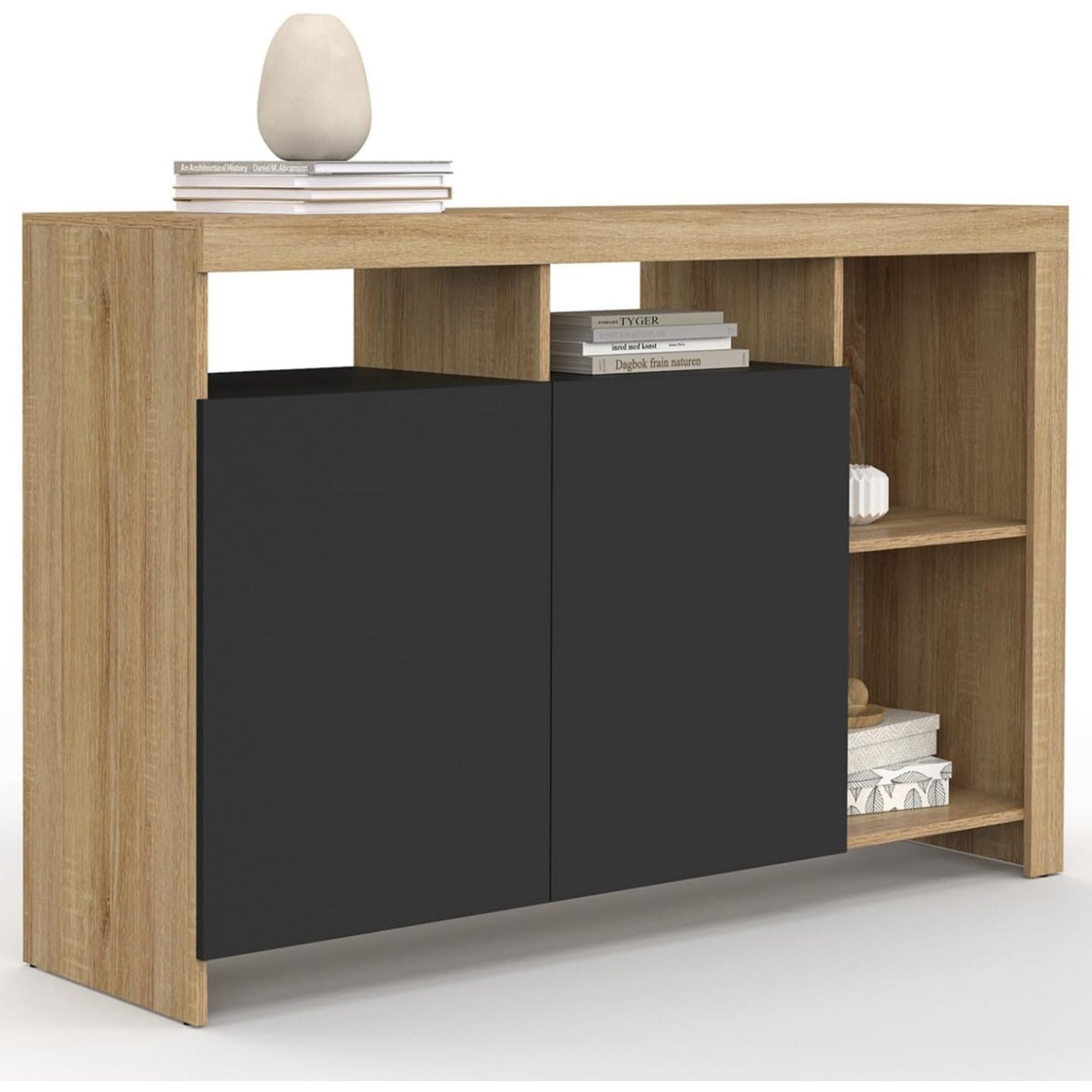 Buffet 110 cm avec portes noires et finition effet hetre, meuble de rangement