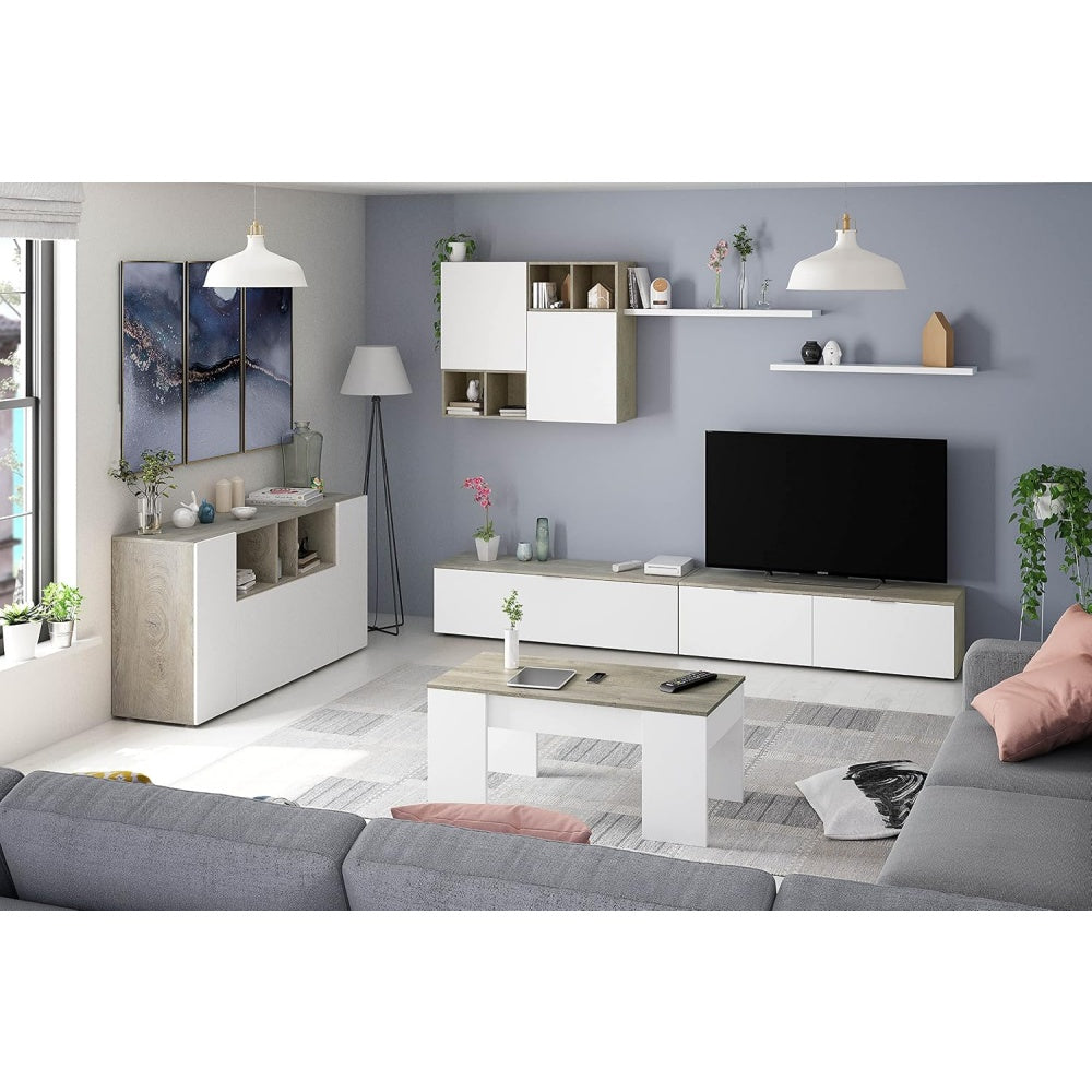 Ensemble meuble TV moderne finition chene Alaska et blanc pour salon