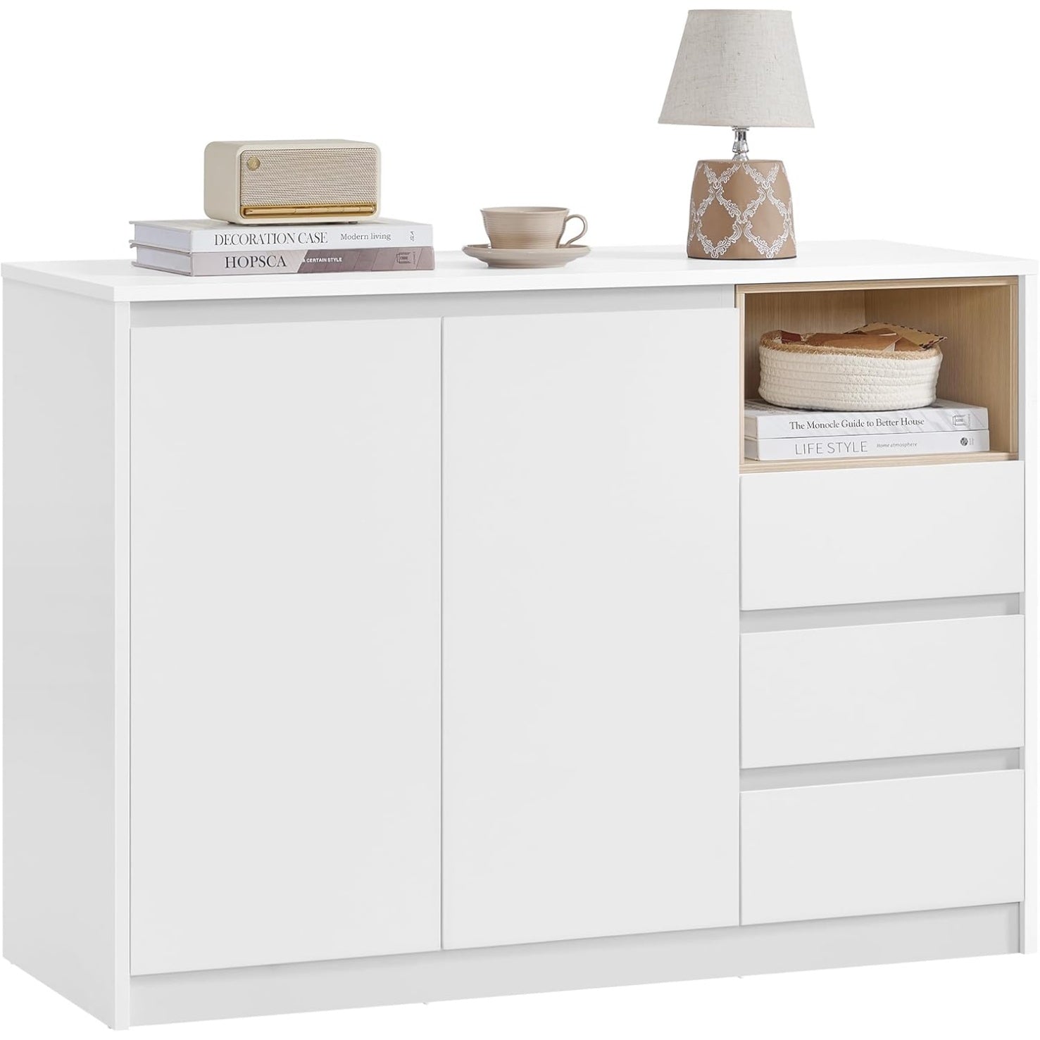 Buffet de salle a manger blanc laque avec quatre portes a fermeture douce et etageres ajustables