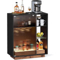 Meuble bar a vin avec eclairage LED, porte en verre cannele, porte-verres et espace de rangement pour bouteilles, buffet noir effet bois