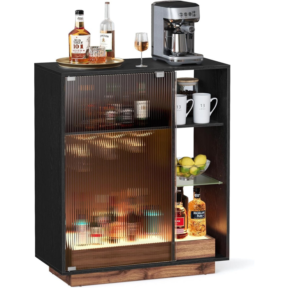 Meuble bar a vin avec eclairage LED, porte en verre cannele, porte-verres et espace de rangement pour bouteilles, buffet noir effet bois
