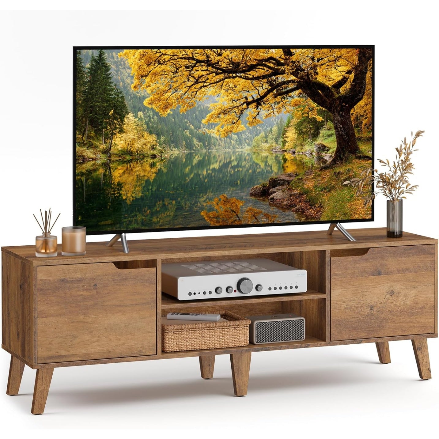 Meuble TV 147 cm avec etagere reglable, support pour televiseur jusqua 65 pouces, finition marron miel