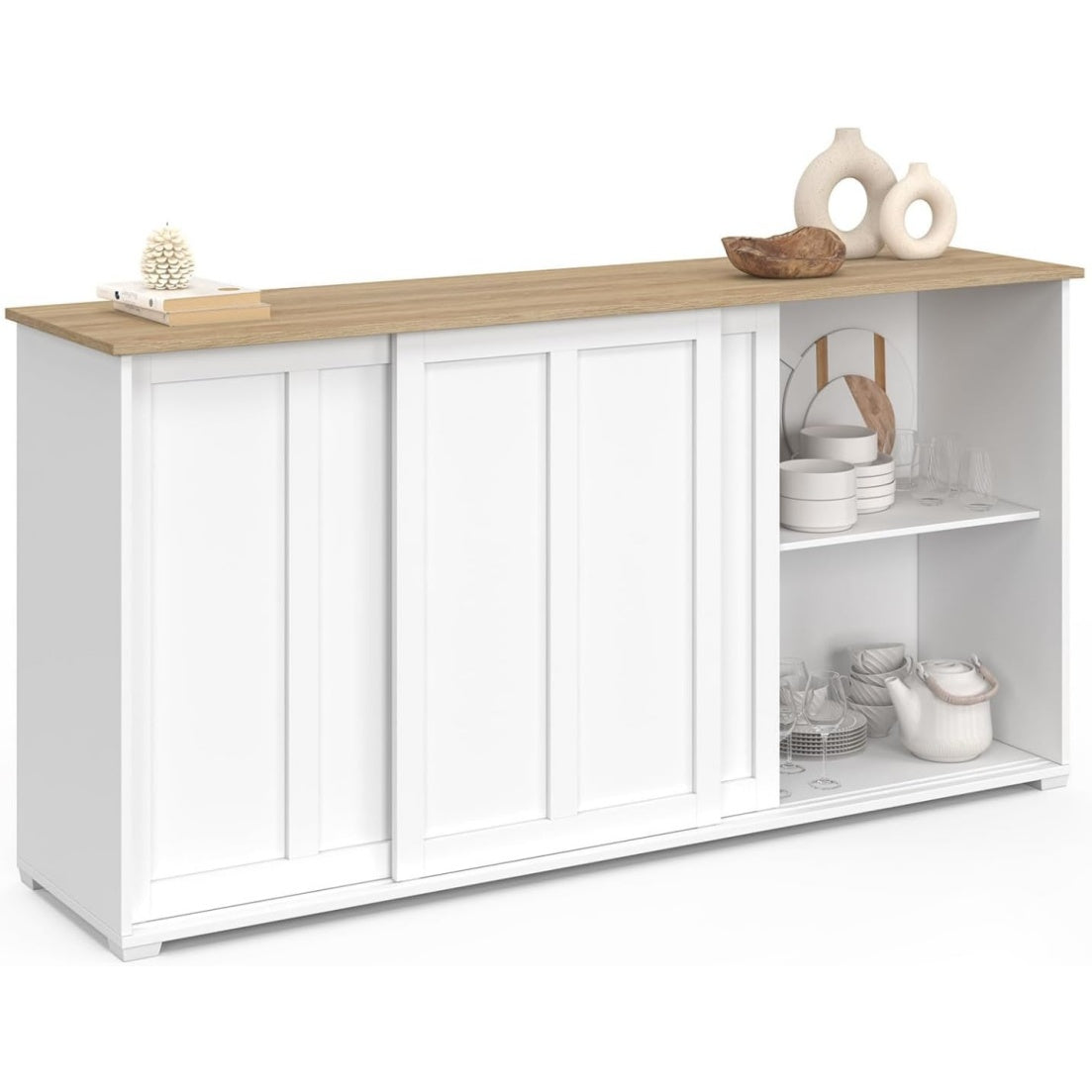 Buffet 160 cm avec 3 portes coulissantes, meuble de rangement blanc avec plateau effet bois