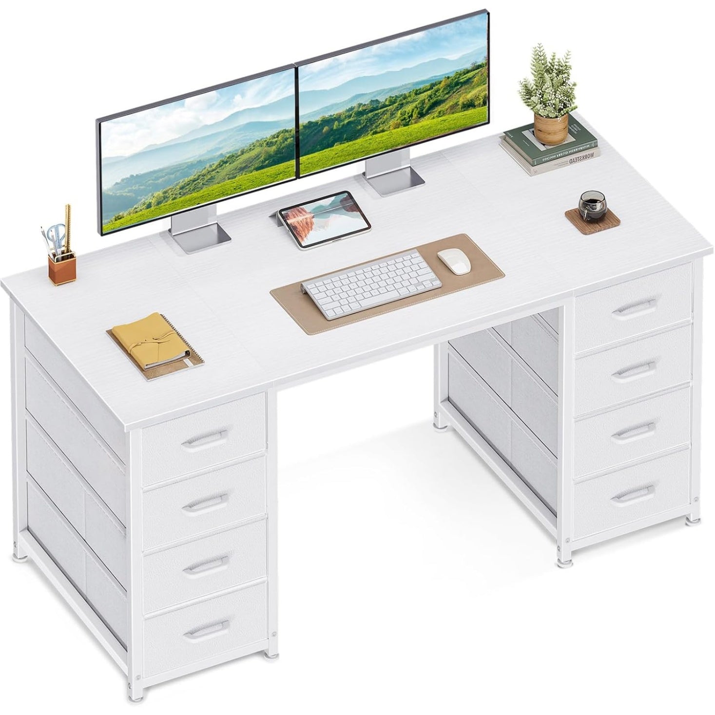Bureau informatique 120 x 48 cm avec 8 tiroirs en tissu, grande table de travail avec rangement, finition blanche