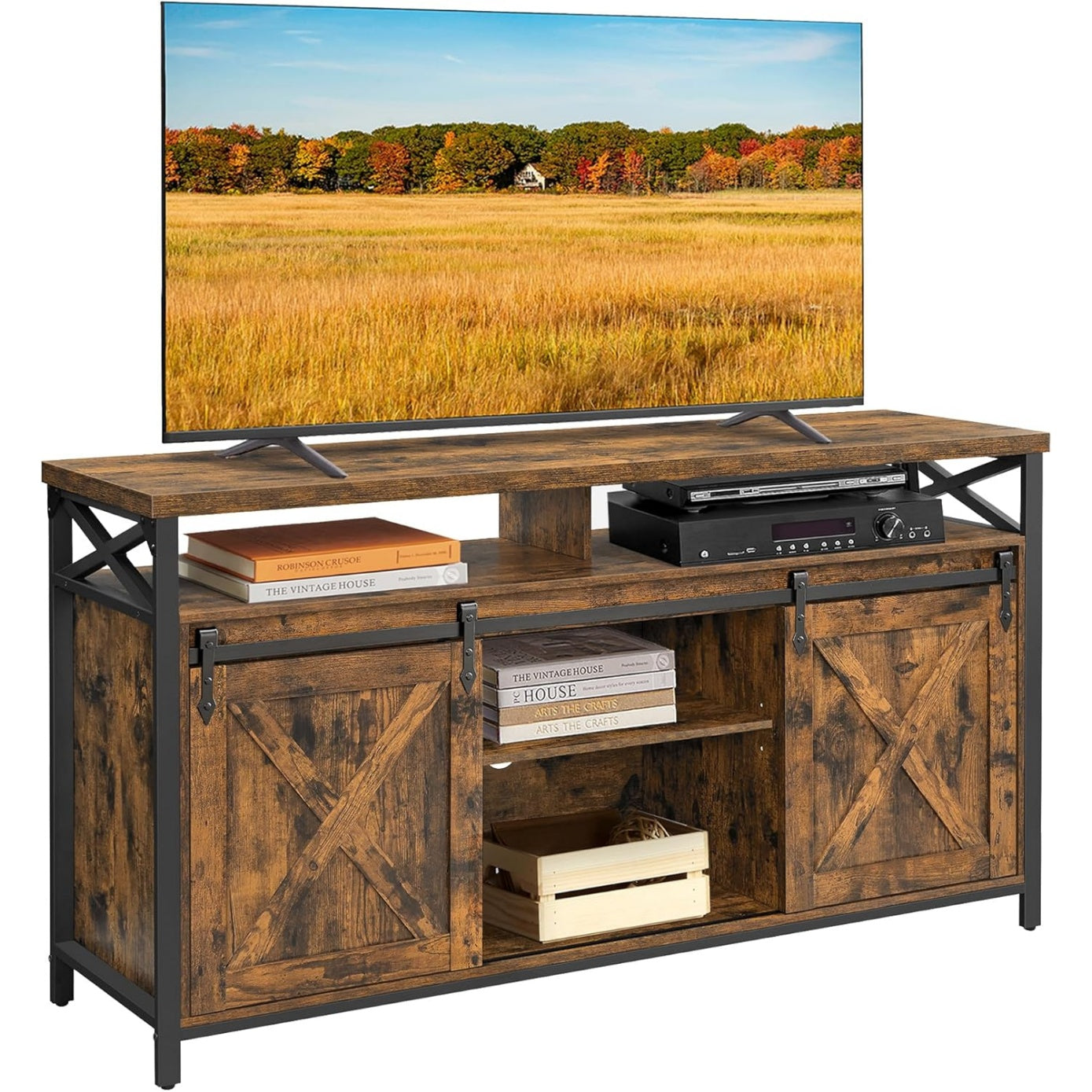 Meuble TV pour ecran jusqua 65 pouces avec etageres reglables et portes style grange, marron rustique et noir