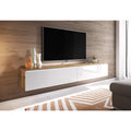 Console TV suspendue 180 cm avec deux grands compartiments, decor chene Wotan et blanc brillant
