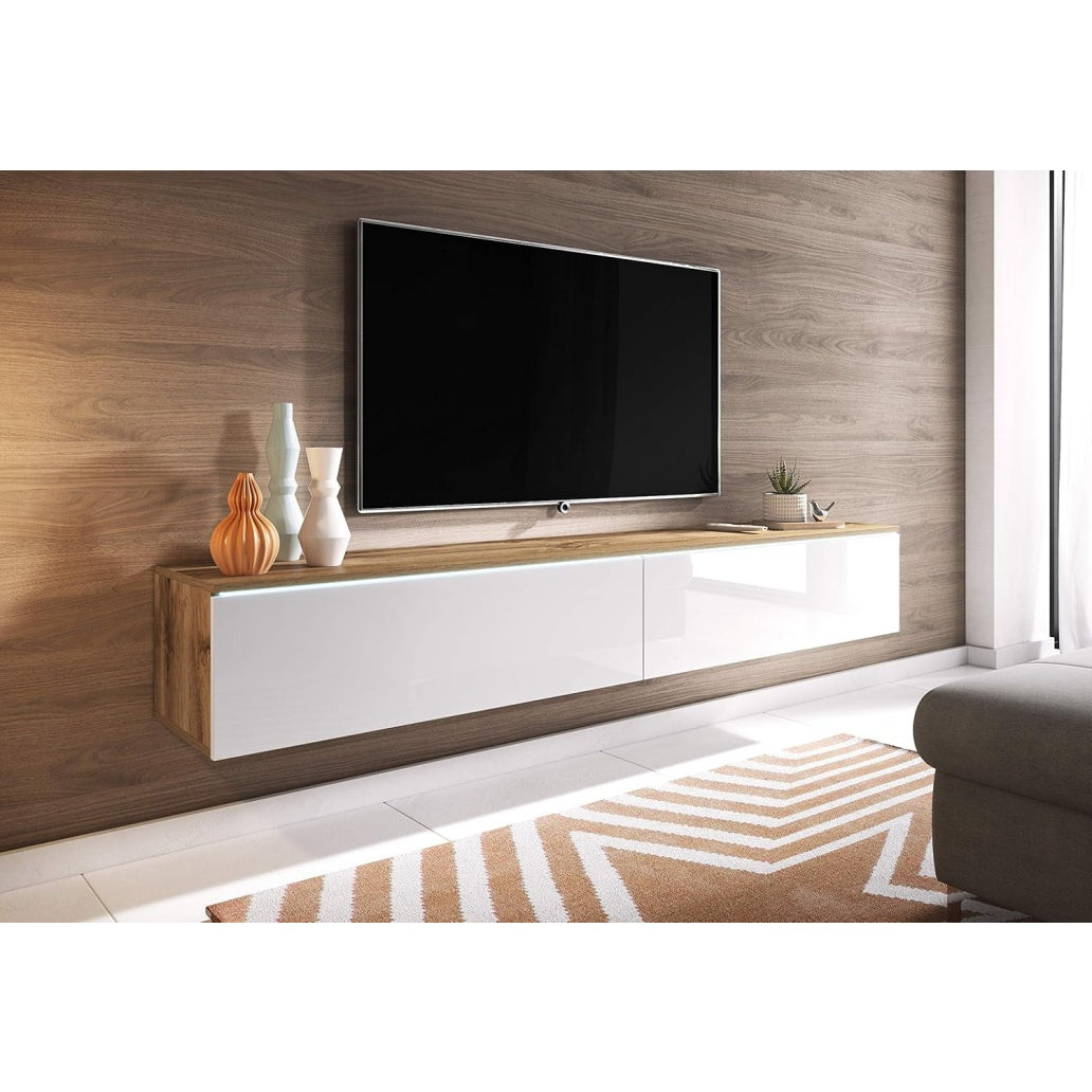 Console TV suspendue 180 cm avec deux grands compartiments, decor chene Wotan et blanc brillant