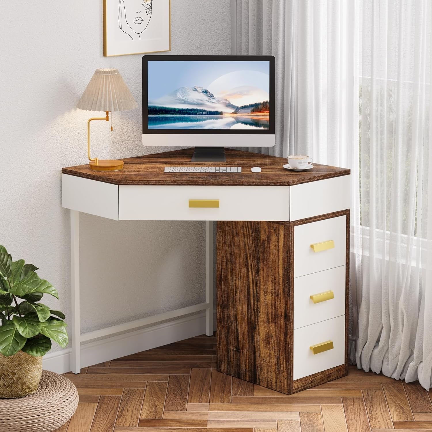 Bureau dangle avec quatre tiroirs, poste de travail compact pour teletravail ou chambre, marron et blanc