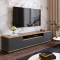 Meuble TV mural avec finition chene et anthracite offrant de grands espaces de rangement