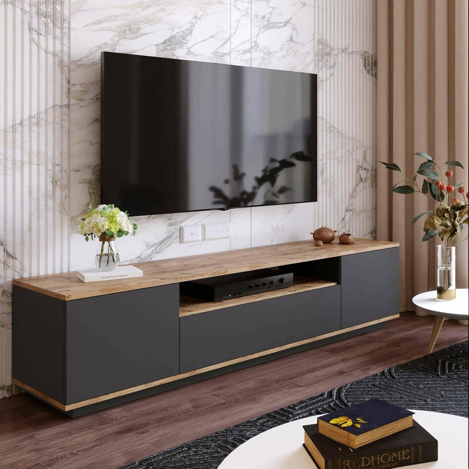 Meuble TV mural avec finition chene et anthracite offrant de grands espaces de rangement