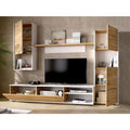 Ensemble mural de salon avec meuble TV et rangements, finition chene et blanc, largeur 220 cm