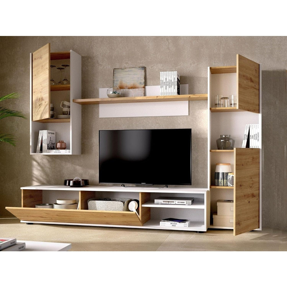 Ensemble mural de salon avec meuble TV et rangements, finition chene et blanc, largeur 220 cm