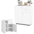 Buffet bas blanc avec deux portes, trois etageres reglables et systeme anti-basculement
