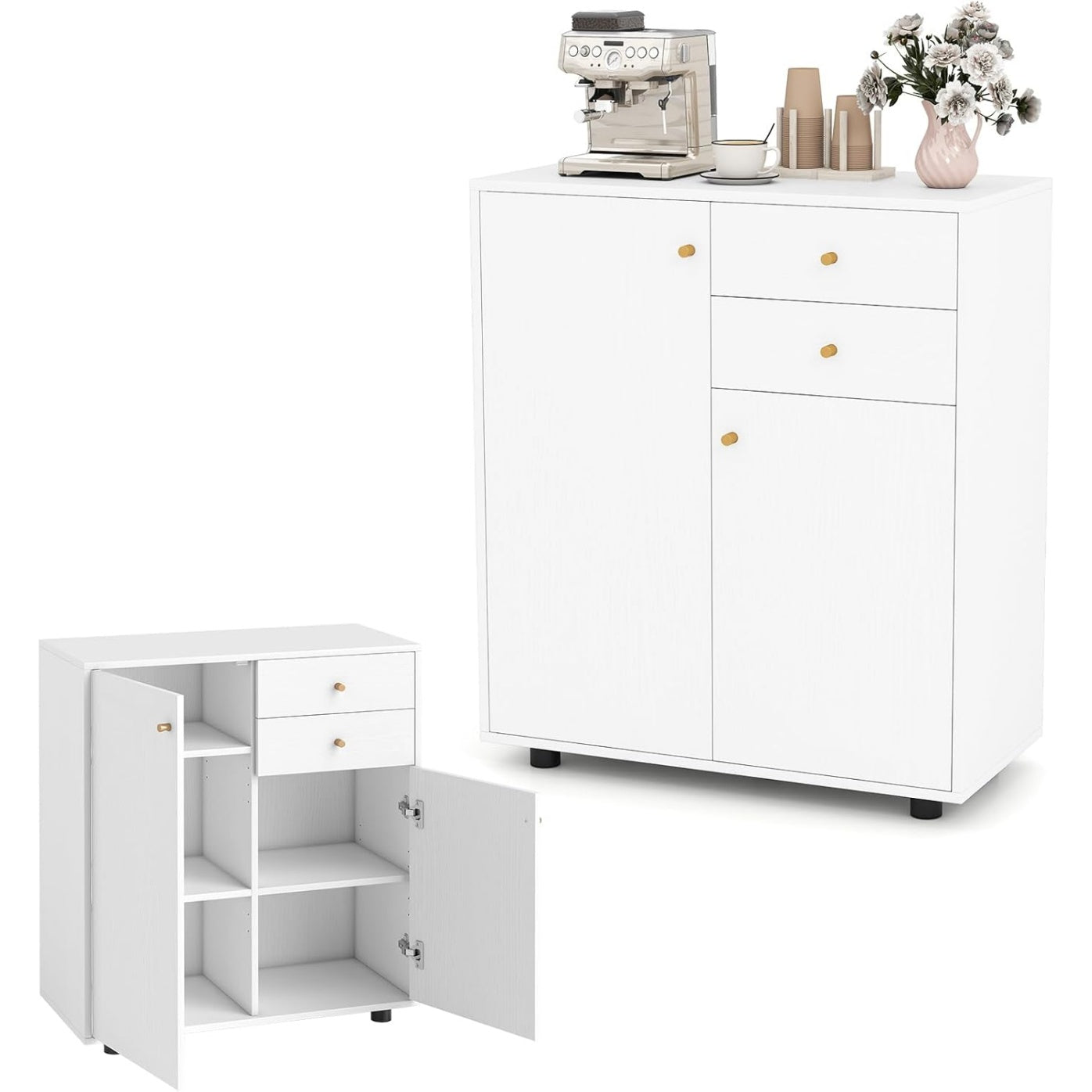 Buffet bas blanc avec deux portes, trois etageres reglables et systeme anti-basculement