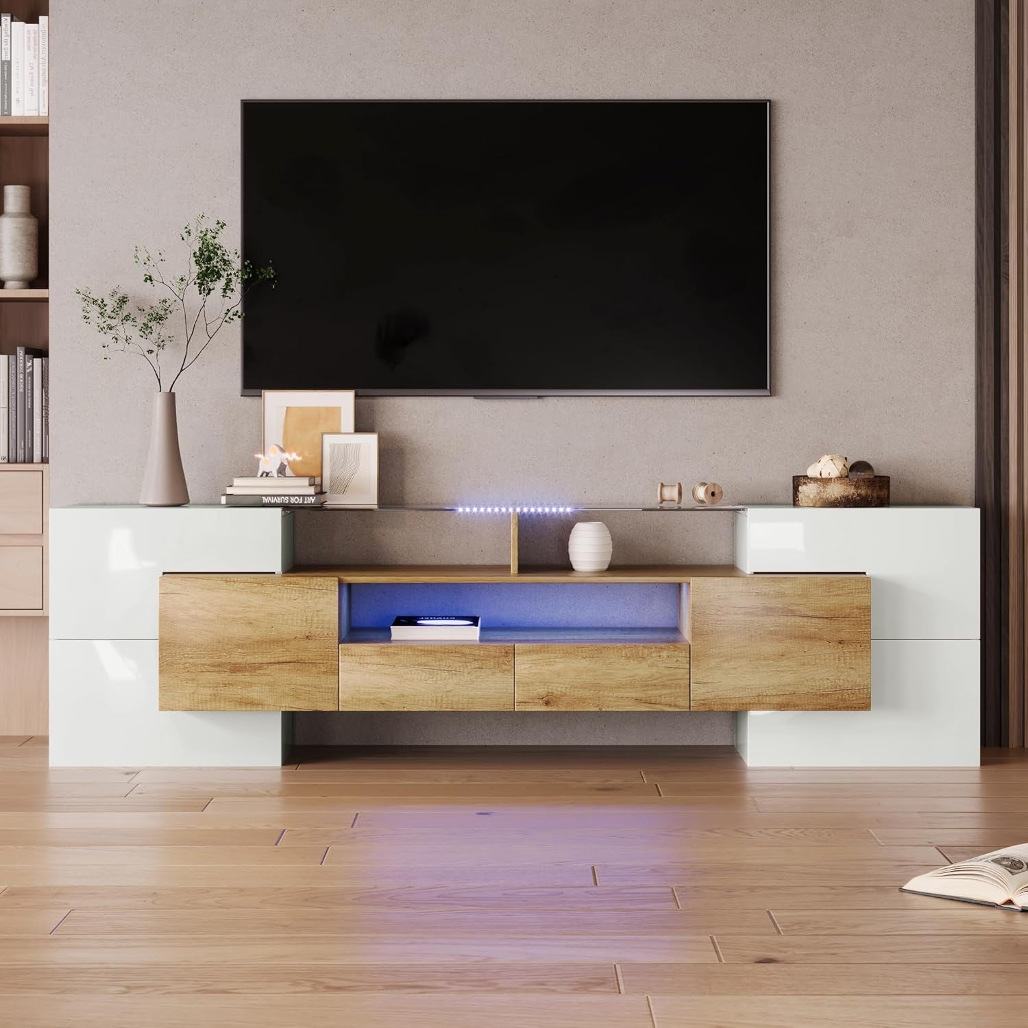 Lowboard blanc brillant de 200 cm avec eclairage LED et plateau en verre