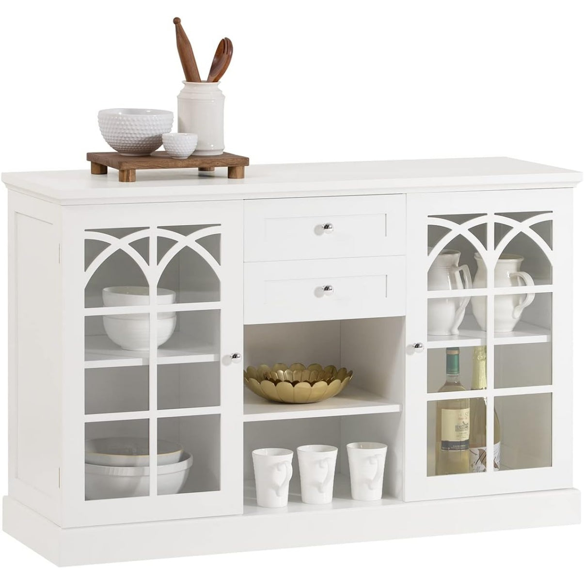 Buffet de rangement avec deux portes vitrees, deux tiroirs et compartiments de stockage pour cuisine ou salle a manger