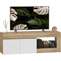Meuble TV 140 cm avec 2 portes a fermeture douce et niche ouverte, support pour televiseur jusqu'a 60 pouces, effet bois naturel