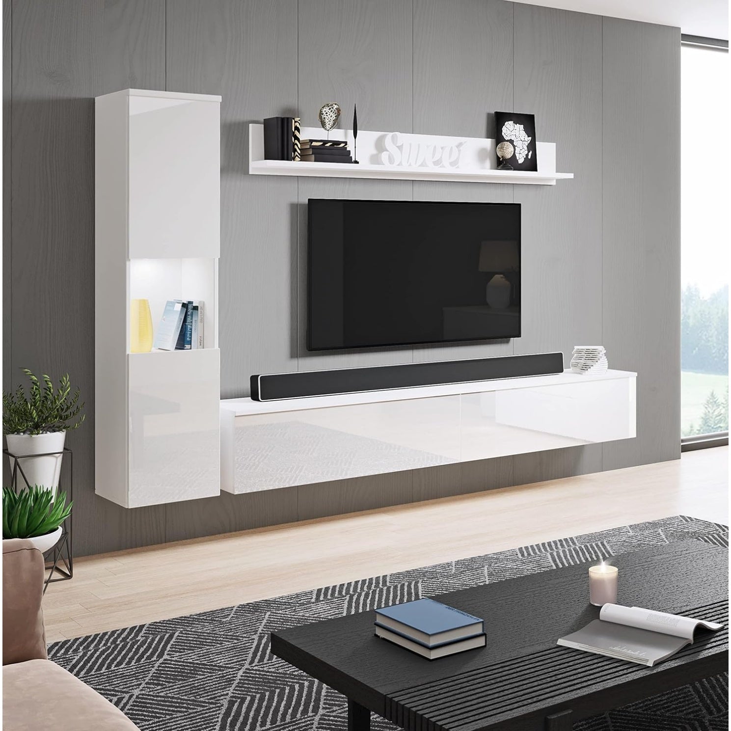 Ensemble de mobilier de salon finition blanc brillant, compatible avec eclairage LED en option