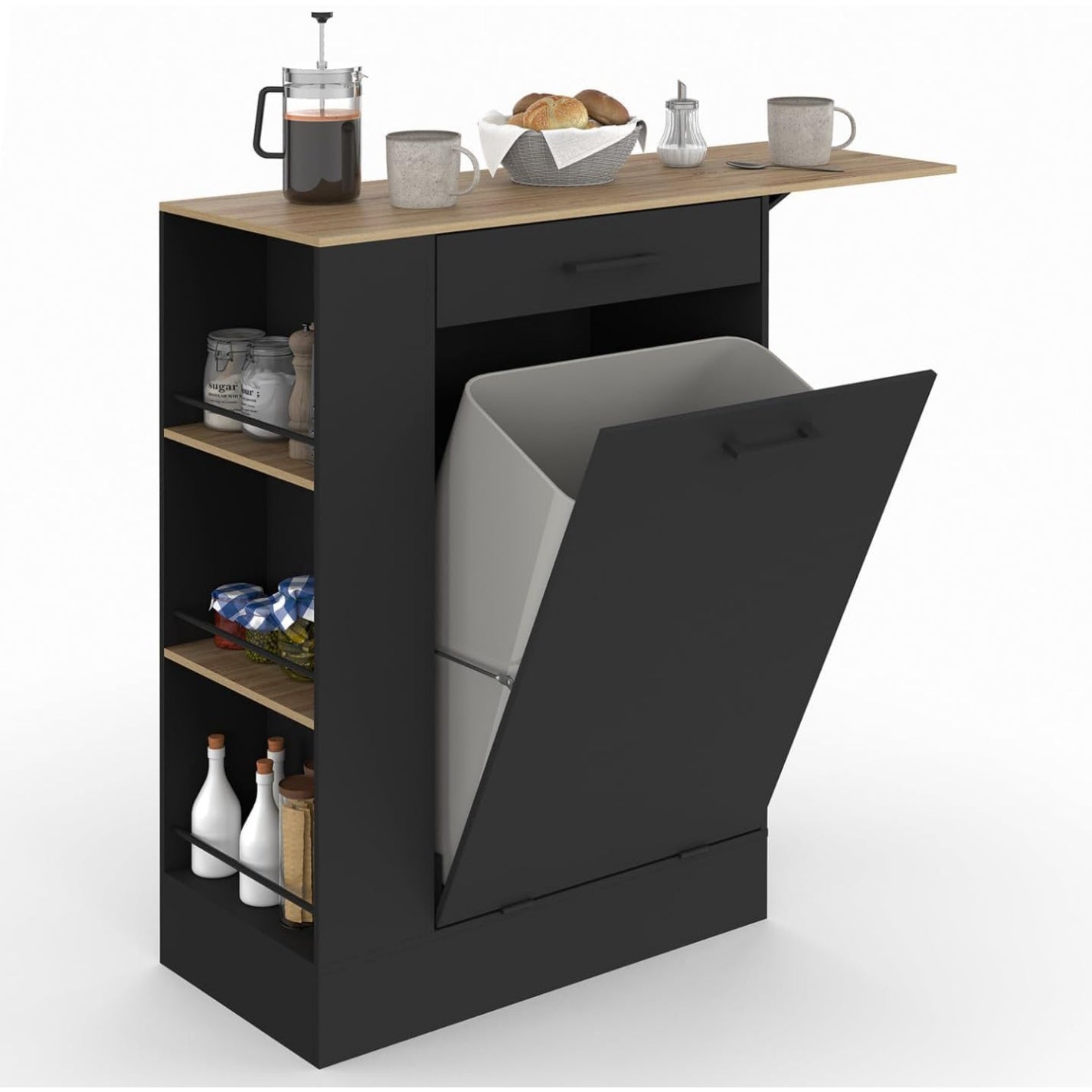 Meuble de cuisine compact avec espace pour poubelle, tablette rabattable et rangements lateraux
