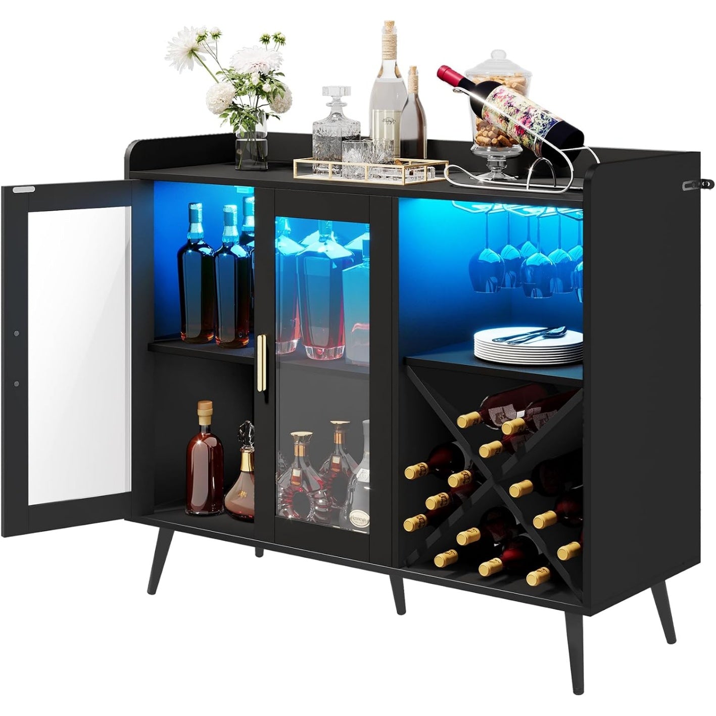 Cabinet bar avec porte en acrylique, casier a bouteilles, crochets et bande LED
