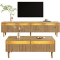 Pack salon avec meuble TV LED, table basse assortie et nombreux rangements, facade acrylique et telecommande