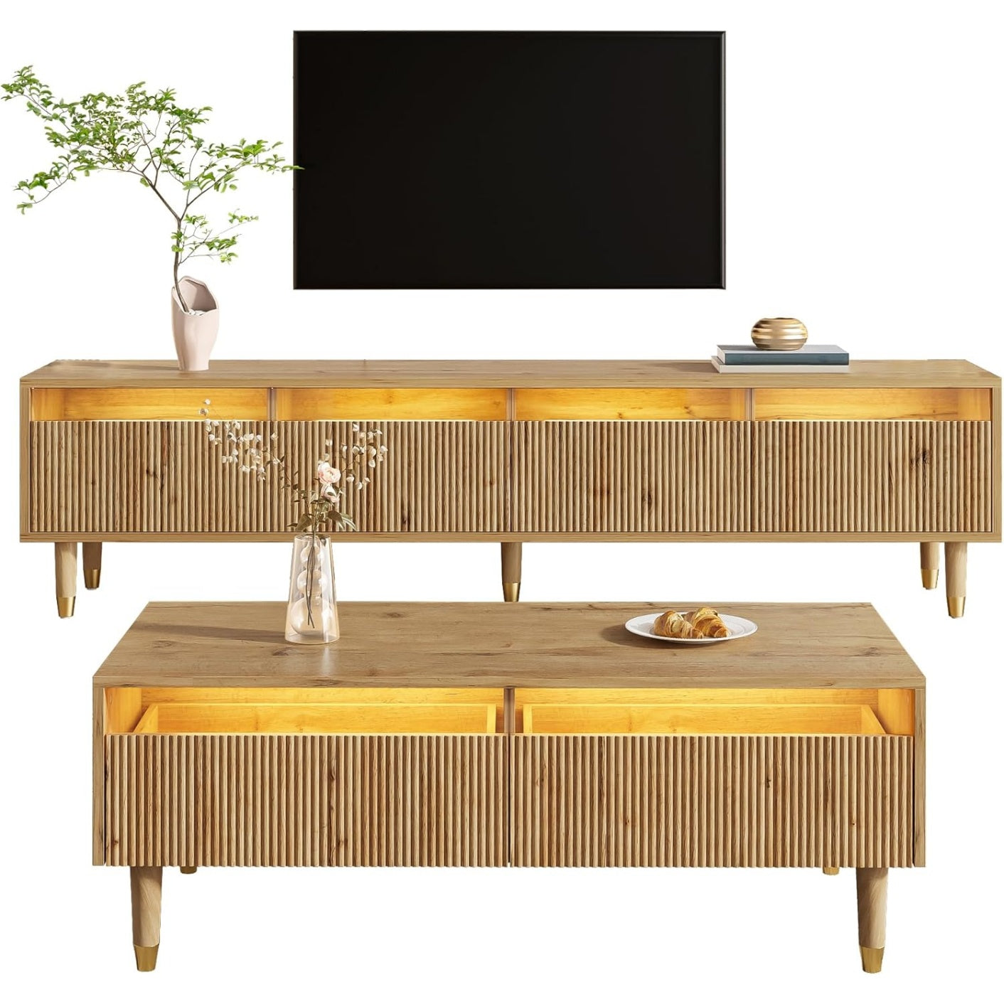 Pack salon avec meuble TV LED, table basse assortie et nombreux rangements, facade acrylique et telecommande