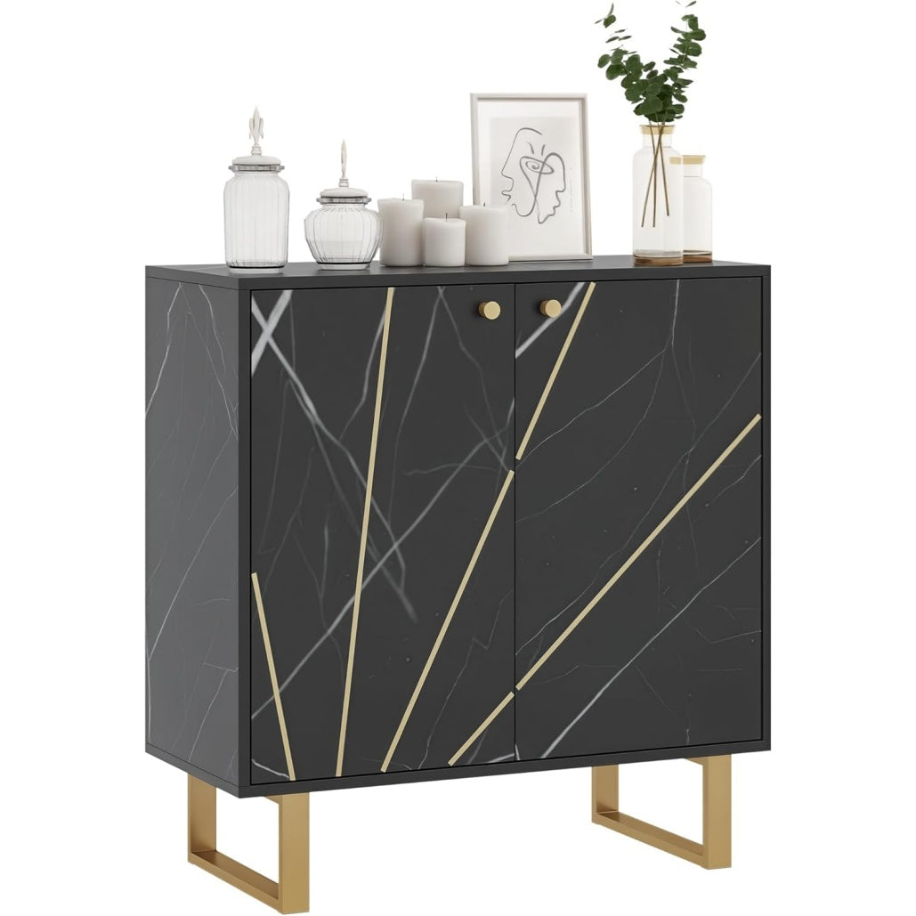 Petit buffet avec double porte, etagere ajustable et pieds en metal, decor marbre noir, 76 x 35 x 77 cm