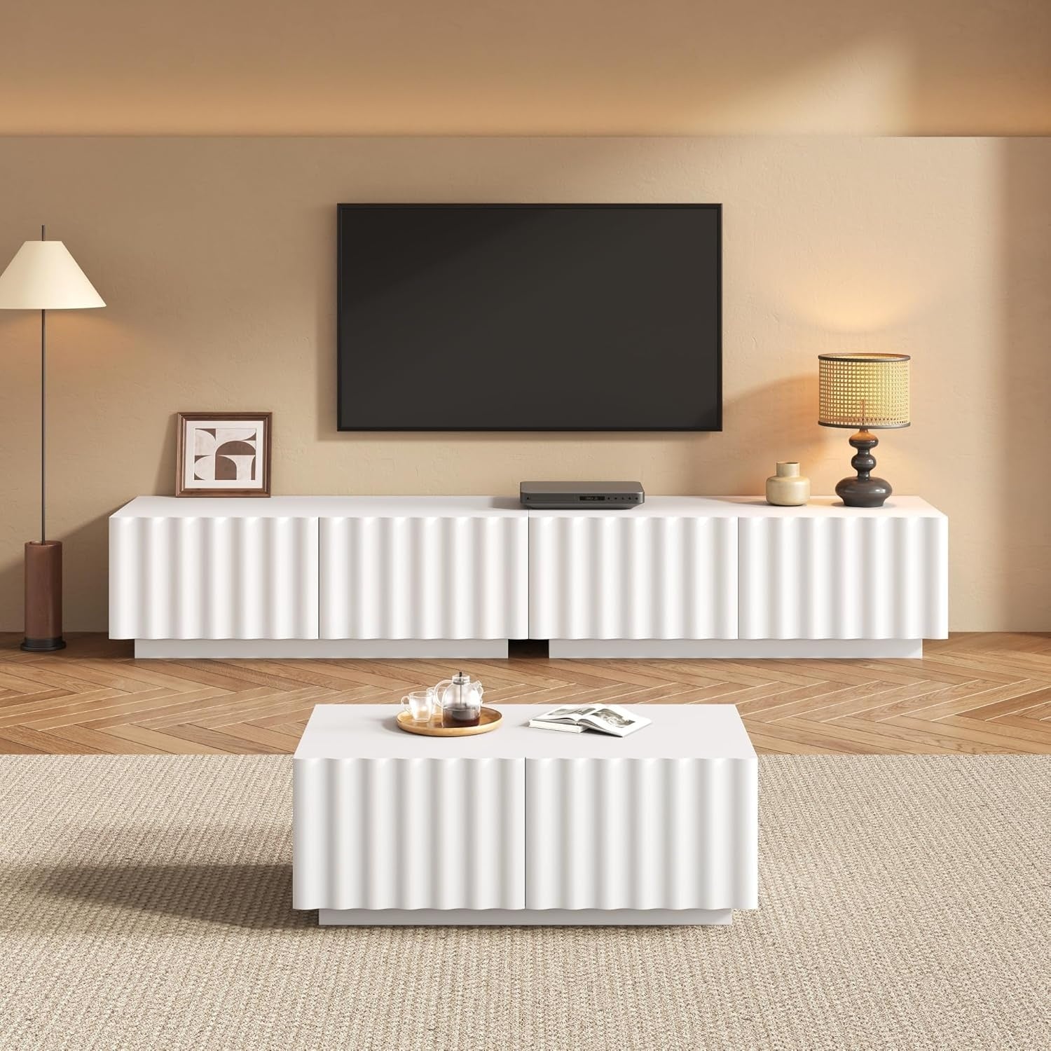 Ensemble de salon comprenant meuble TV 200 cm et table basse, facade 3D ondulee, six tiroirs et design minimaliste