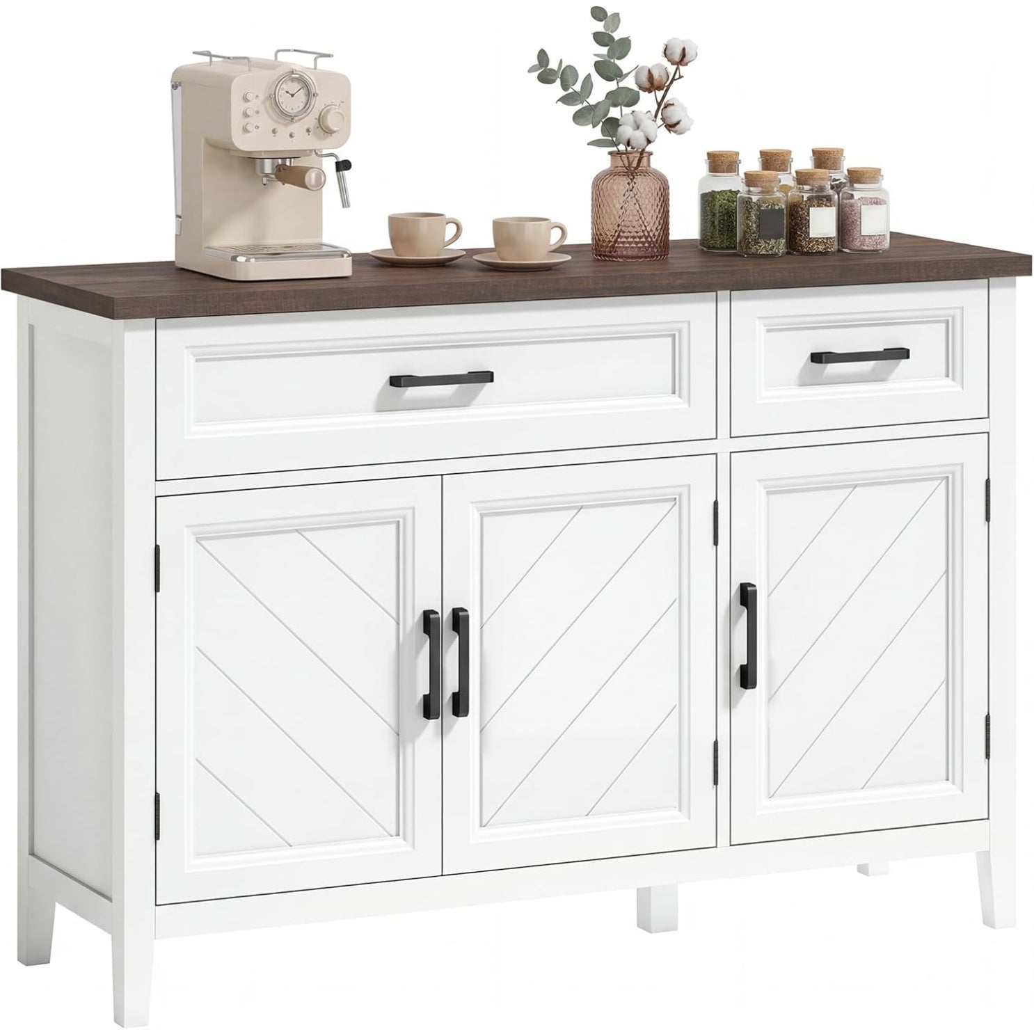 Buffet rustique blanc avec trois portes a motif chevron, deux tiroirs et etageres reglables