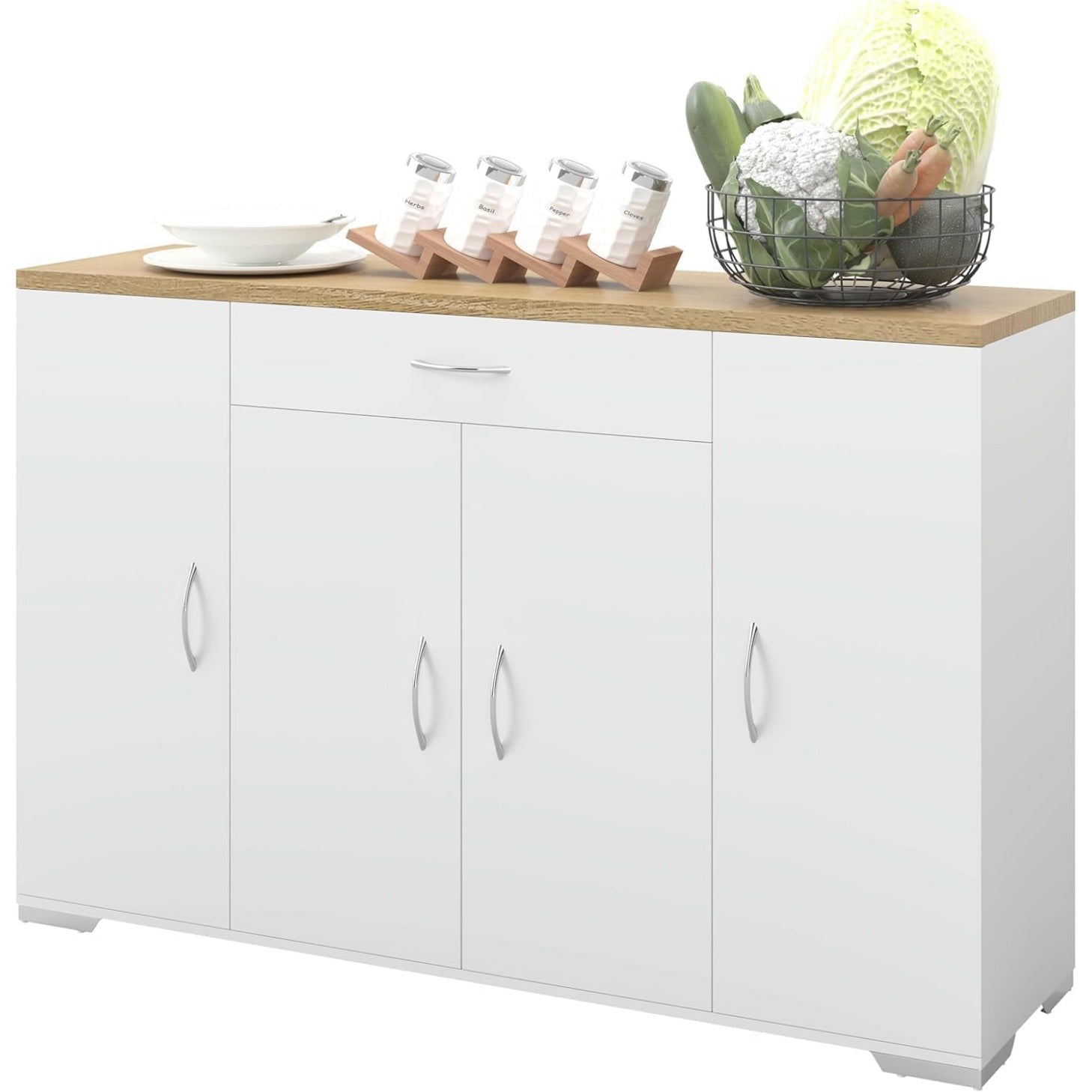 Buffet bas de cuisine blanc avec plan de travail, grand espace de rangement, 4 portes et tiroir