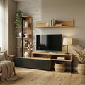 Composition murale pour television avec rangements en finition chene Wotan et noir contemporain