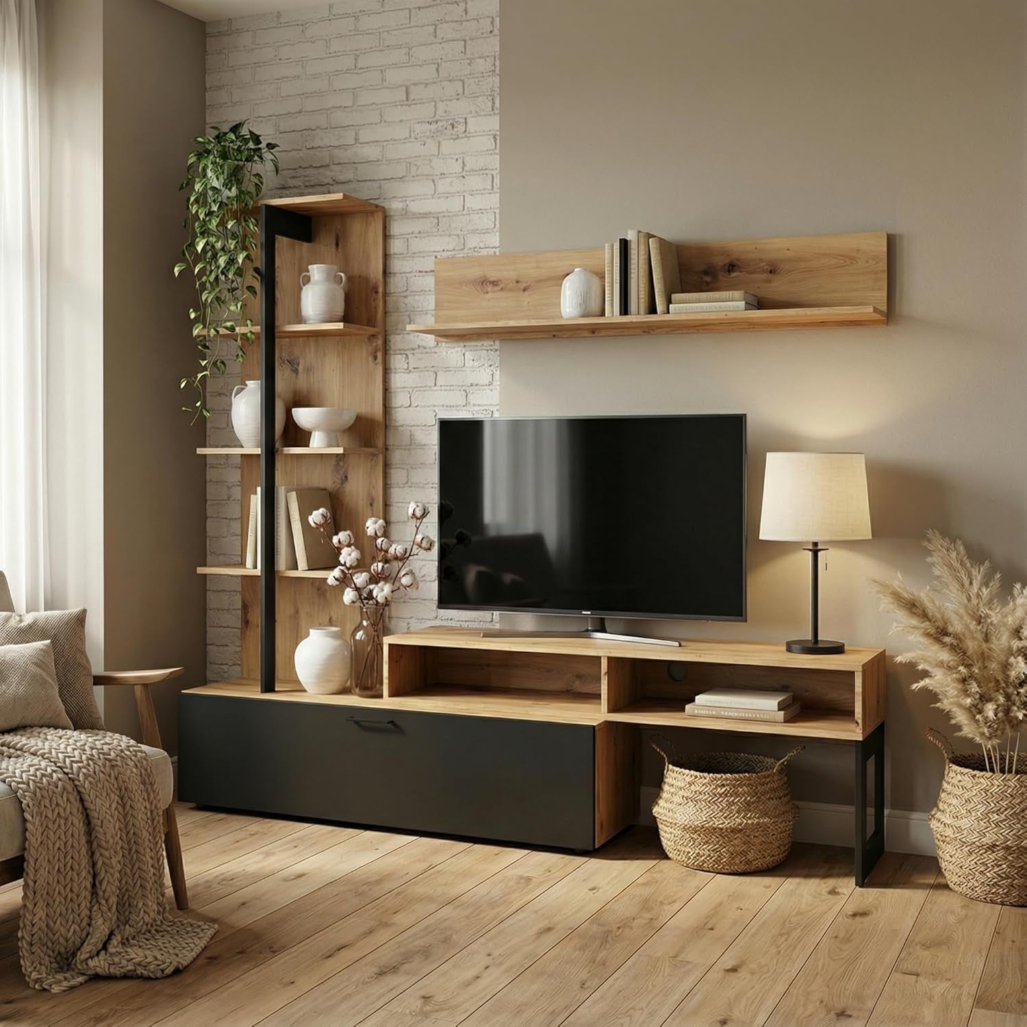 Composition murale pour television avec rangements en finition chene Wotan et noir contemporain