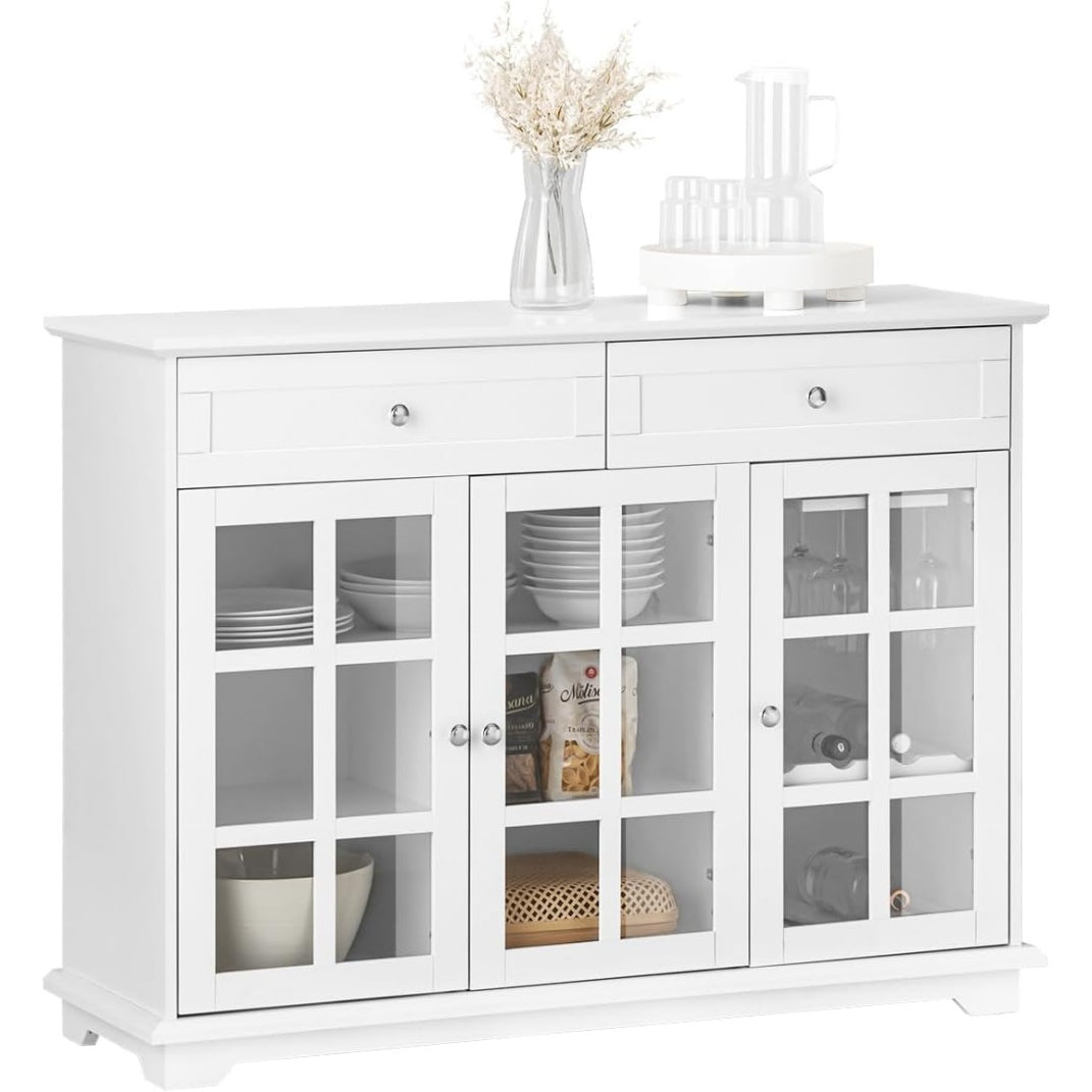 Buffet bas avec trois portes vitrees, deux tiroirs et nombreux rangements pour cuisine, entree ou salle a manger