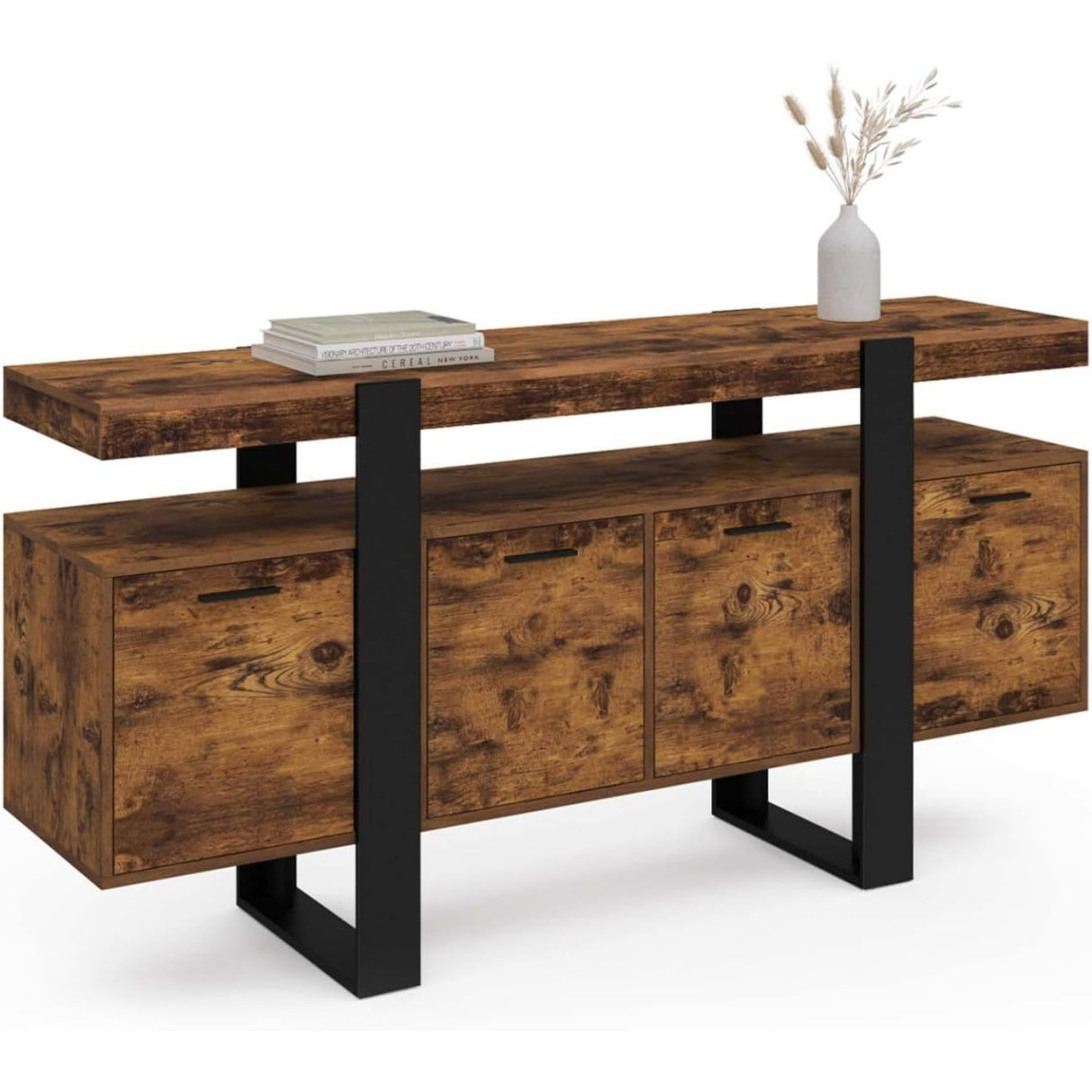 Buffet grande capacite 160 cm avec quatre portes, decor bois vieilli et structure noire