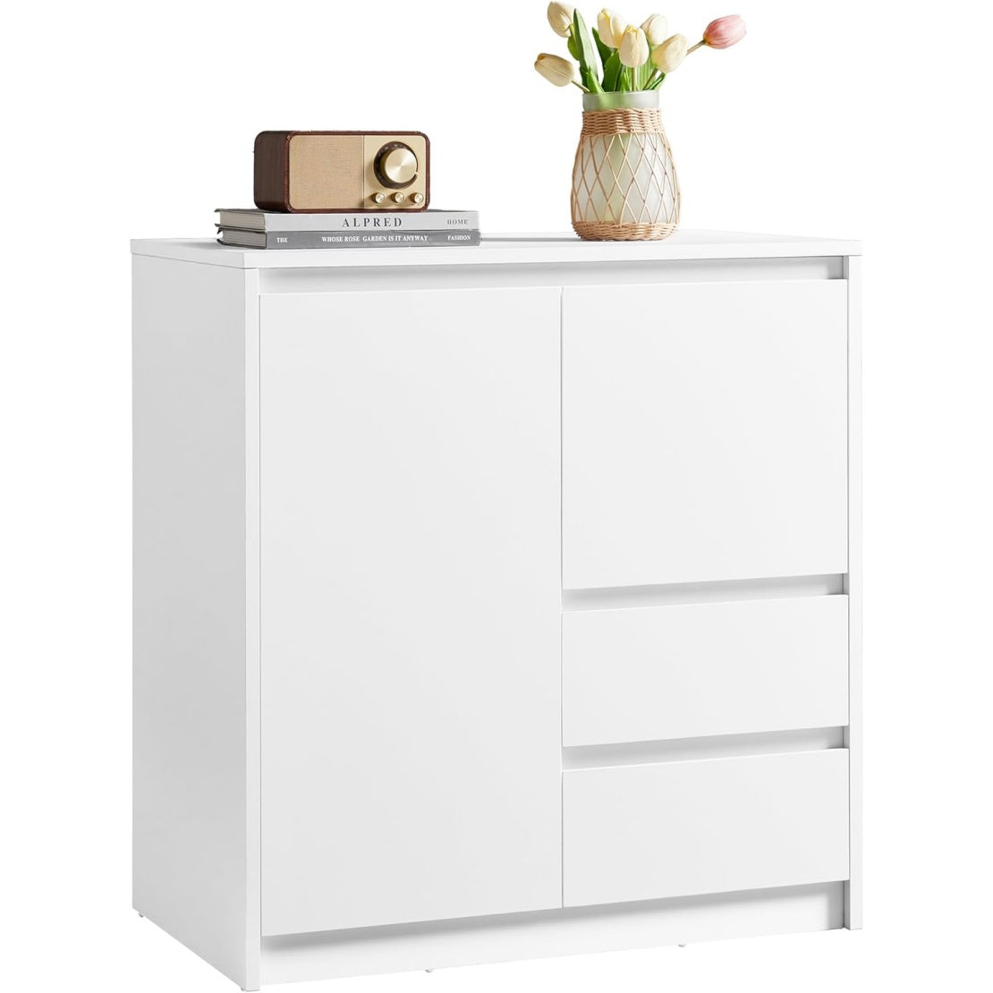 Buffet compact avec 1 porte, 2 tiroirs et etagere reglable, meuble blanc nuage 70 x 40 x 74,5 cm